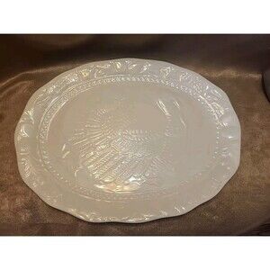 Vintage White Embossed Ceramic Turkey Holiday Platter 17" x 13" Oval